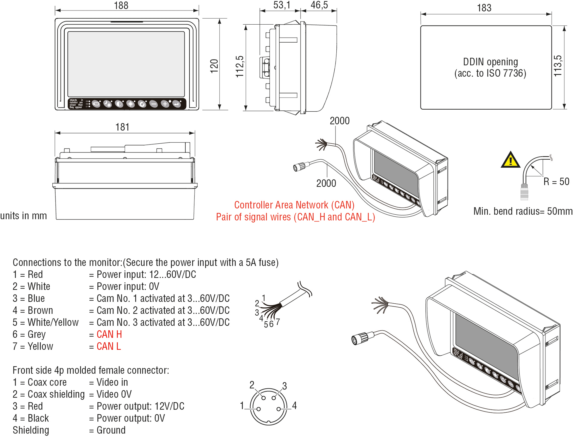 Maatschets Orlaco 7 inch DIN inbouwmonitor LEDD CAN 2 met 2m kabel productcode 0208242