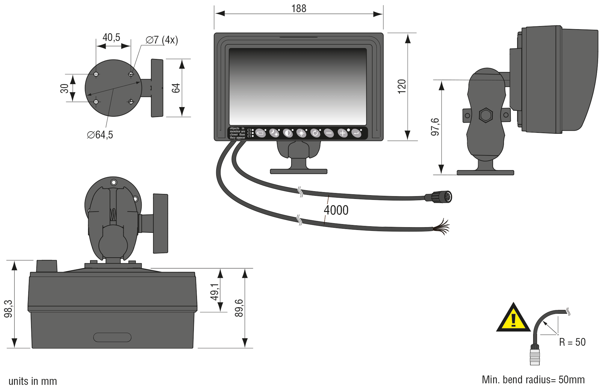Maatschets Orlaco 7 inch opbouwmonitor RLED 12-60V R 4 CS met 4m kabel en steun productcode 0208672