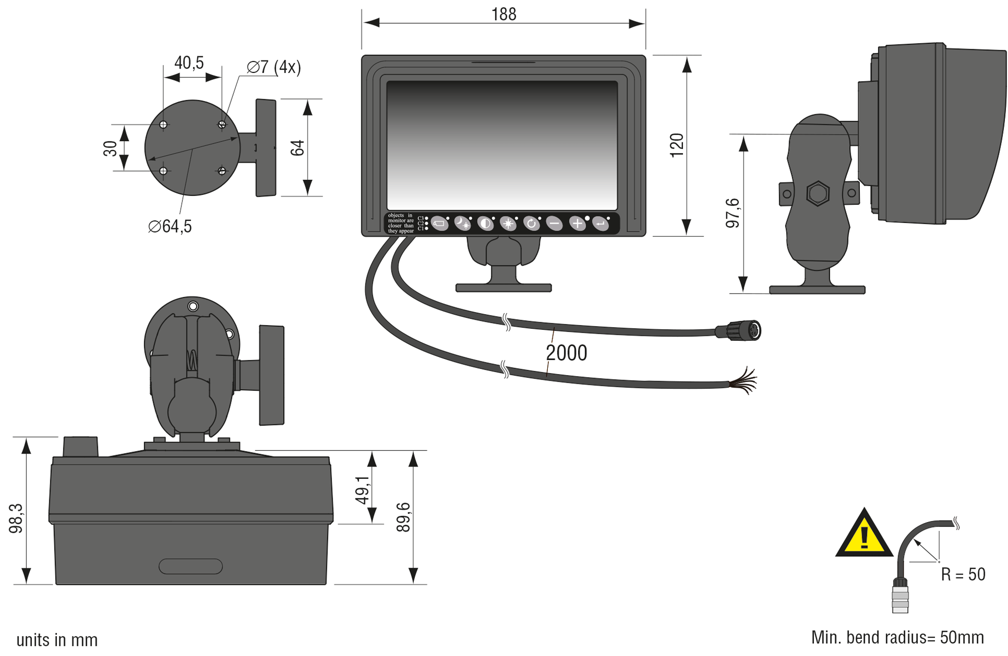 Maatschets Orlaco 7 inch opbouwmonitor RLED 12-32V R 2 met 2m kabel en steun productcode 0223000