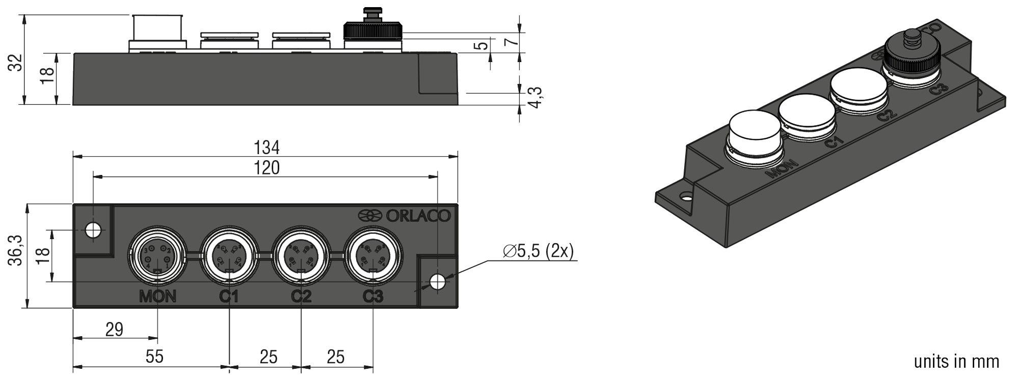 Maatschets Orlaco Switch UNI (1x monitor, 3x camera) IP67 waterdicht productcode 0404080