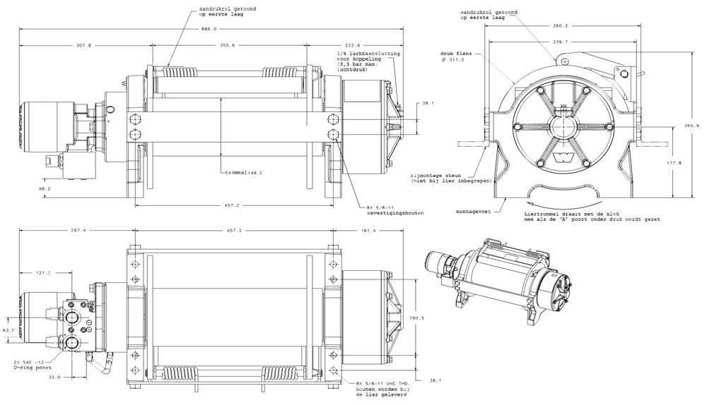 Maatschets WARN type Series 20XL - VT hydraulische treklier met verlengde trommel