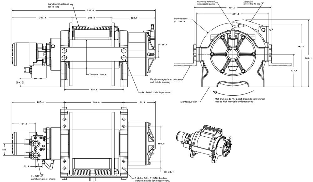 Maatschets WARN type Series 30XL - ST hydraulische treklier met standaard trommel